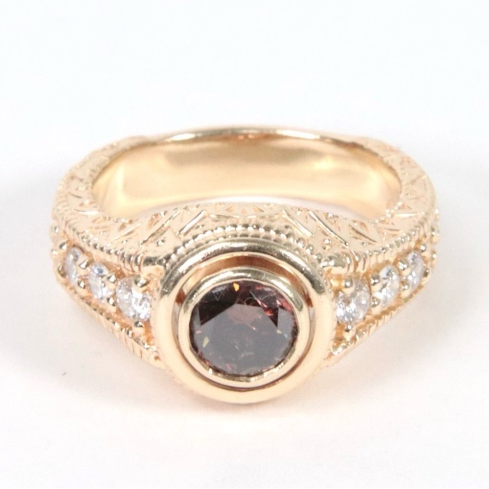 14K Yellow Gold Bezel Set Cognac & White Diamond Ring